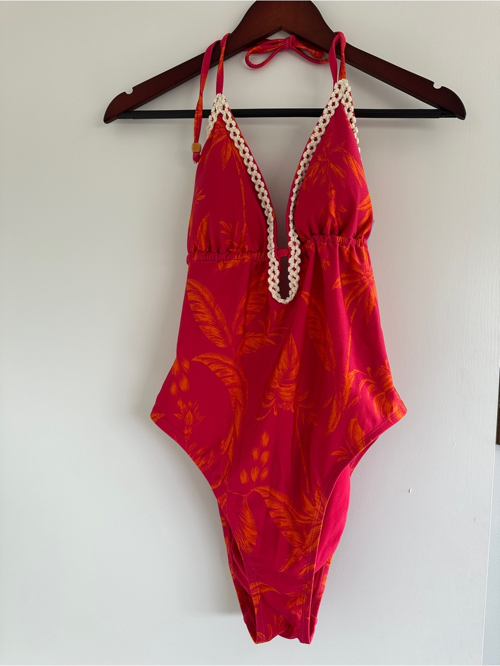 Shade & Shore Pink Tropical One-Piece Swimsuit with Crochet Trim